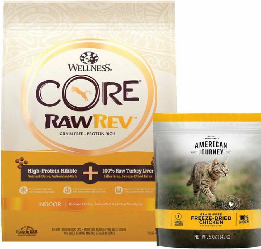 Best * Best Sale Bundle: Wellness Core Rawrev Grain-Free Indoor Recipe With Freeze-Dried Turkey Liver Dry Cat Food, 10-Lb Bag + American Journey 100% Chicken Freeze-Dried Grain-Free Cat Treats, 5-Oz Bag