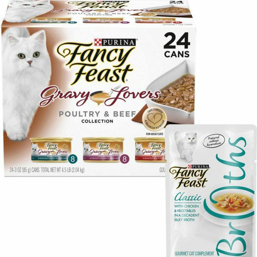 New * Online Bundle: Fancy Feast Gravy Lovers Poultry & Beef Feast Variety Pack Canned Cat Food, 3-Oz, Case Of 24 + Fancy Feast Classic Broths With Chicken & Vegetables Supplemental Wet Cat Food Pouches, 1.4-Oz, Case Of 16