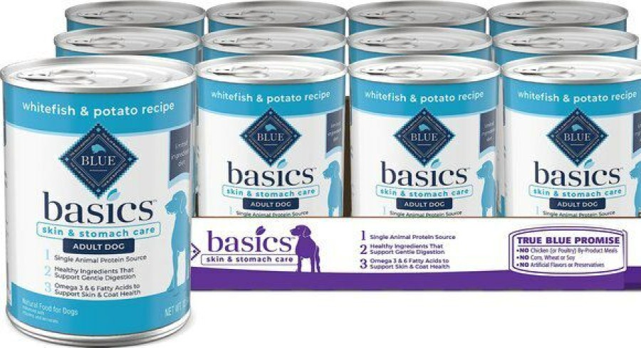 Clearance * Wholesale Blue Buffalo Basics Skin & Stomach Care Grain-Free Whitefish Entree Adult Canned Dog Food, 12.5-Oz Can, Case Of 12