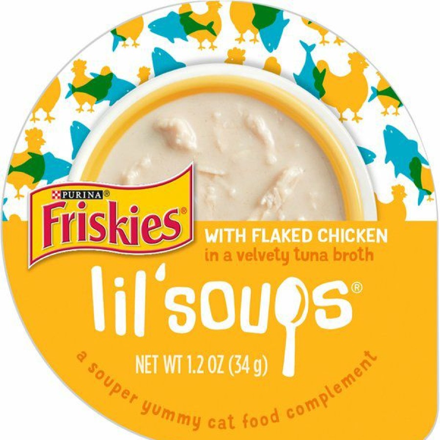 Wholesale * Excellent Friskies Lil' Soups Flaked Chicken In A Velvety Tuna Broth Lickable Cat Treat, 1.2-Oz Tub, Case Of 8