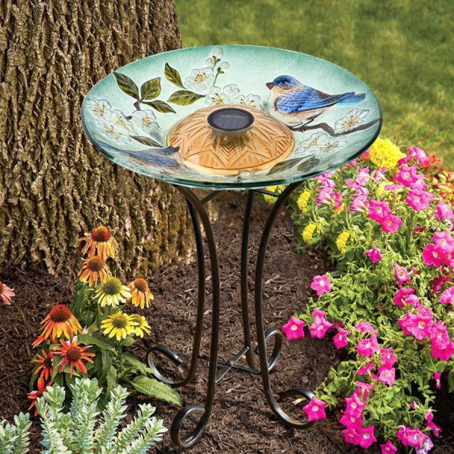 Online * Discount Store Hi-Line Gift Solar Blue Bird With Peach Blossom Glass Bird Bath With Stand, Multicolor