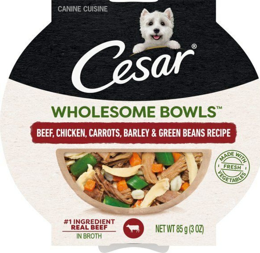 Clearance * Popular Cesar Wholesome Bowls Beef, Chicken, Carrots, Barley & Green Beans Recipe Adult Soft Wet Dog Food Topper, 3-Oz Bowl, Case Of 10