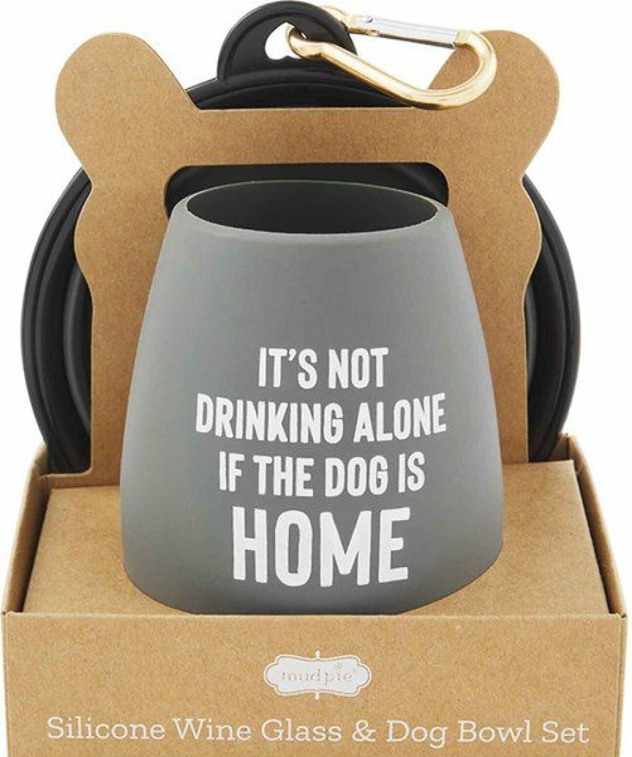 Hot * Limited Edition Mud Pie Wine Glass & Collapsible Silicone Dog Bowl Set