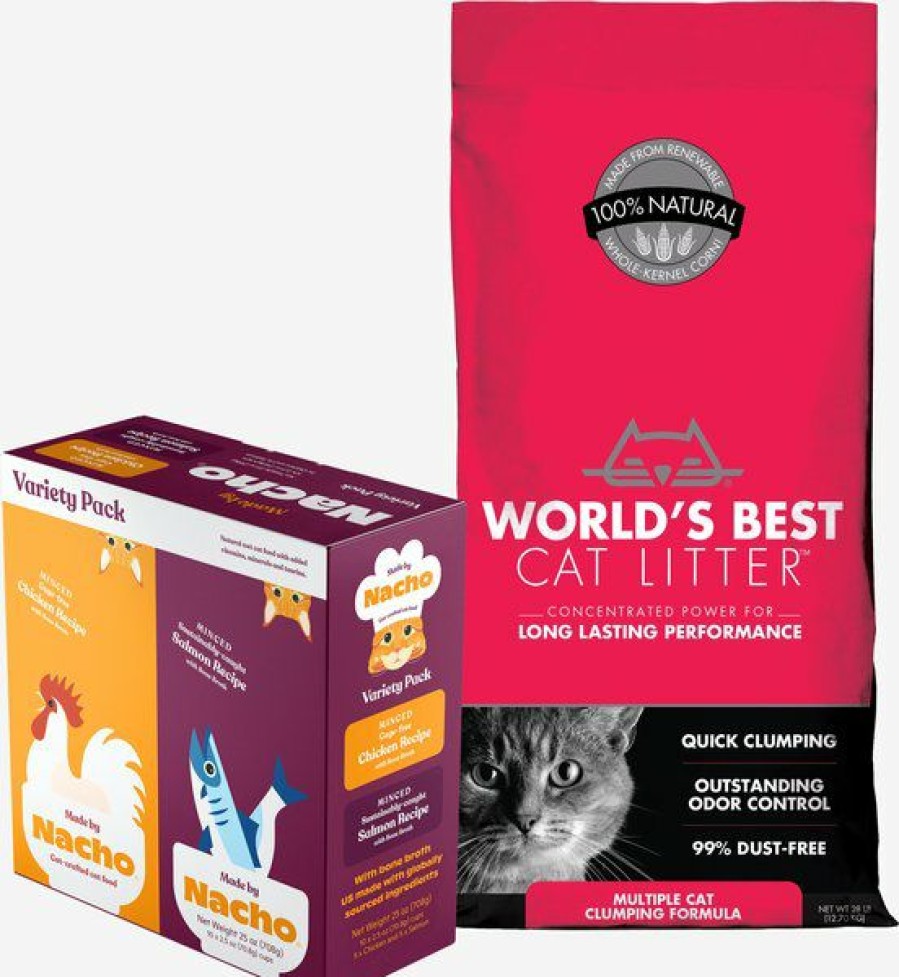 Wholesale * Made By Nacho|Worlds Best Online Bundle: Made By Nacho Minced Recipes With Bone Broth Variety Pack Wet Cat Food, 2.5-Oz Cup, Case Of 10 + World'S Best Multi-Cat Unscented Clumping Corn Cat Litter, 28-Lb Bag