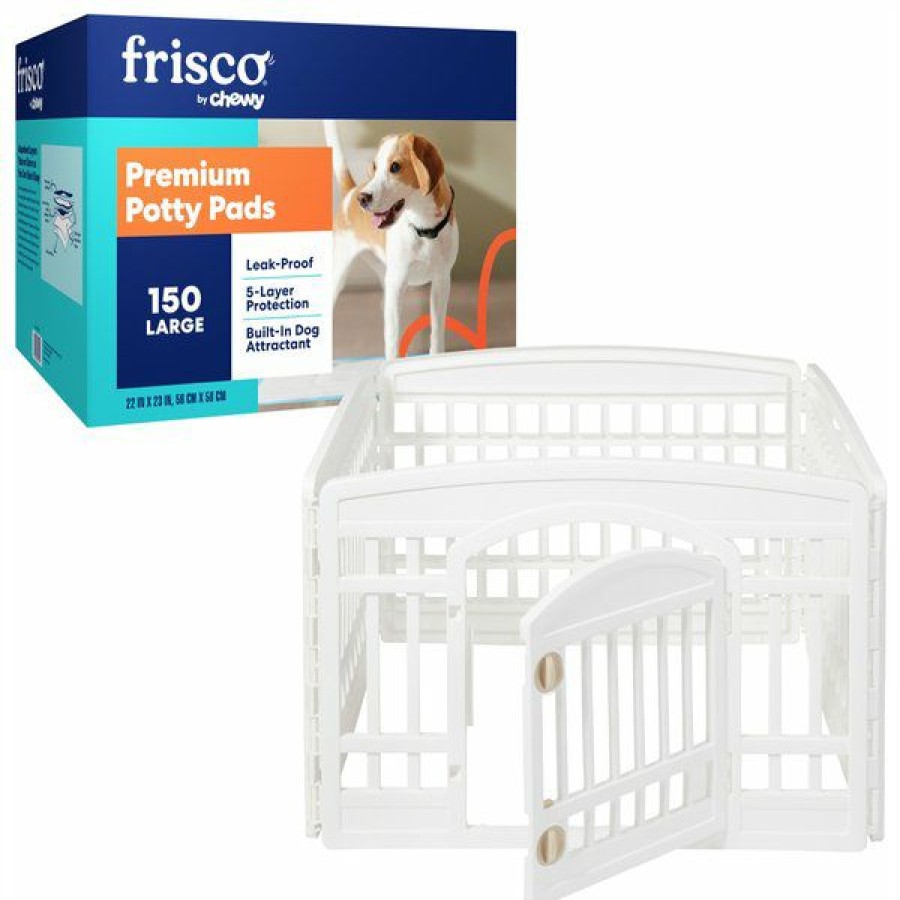 New * Discount Store Bundle: Frisco 4-Panel Plastic Exercise Dog Playpen, White + Frisco Dog Training & Potty Pads, 22 X 23-In, 150 Count, Unscented