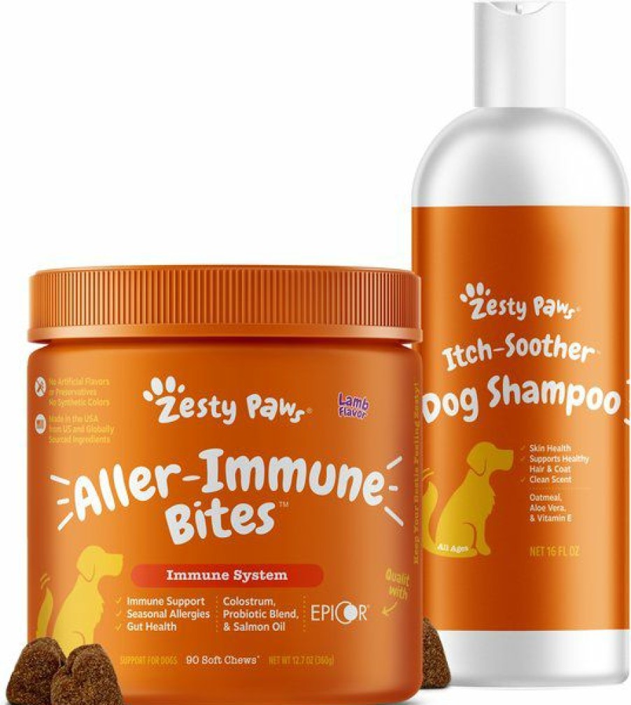 Wholesale * Best Sale Bundle: Zesty Paws Aller-Immune Bites Lamb Flavored Soft Chews Allergy & Immune Supplement For Dogs, 90 Count + Zesty Paws Itch Soother Dog Shampoo With Oatmeal & Aloe Vera, For Skin Moisture &Shiny Coats, Vanilla Bean Scent