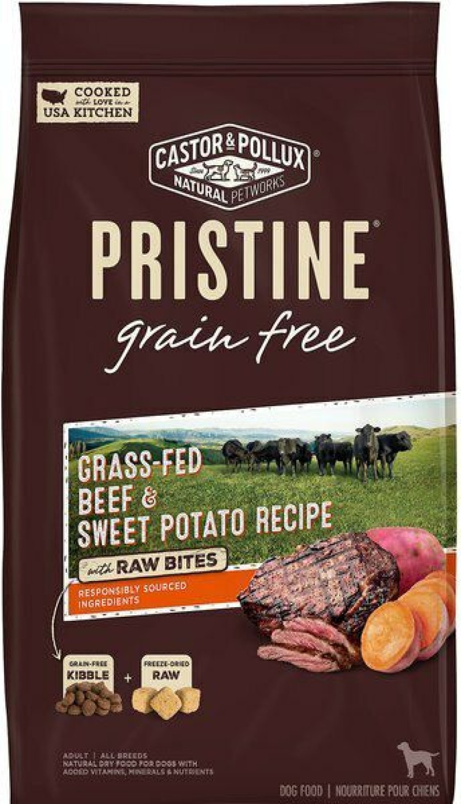 Online * Large Choice Castor & Pollux Pristine Grain-Free Grass-Fed Beef & Sweet Potato Recipe With Raw Bites Dry Dog Food