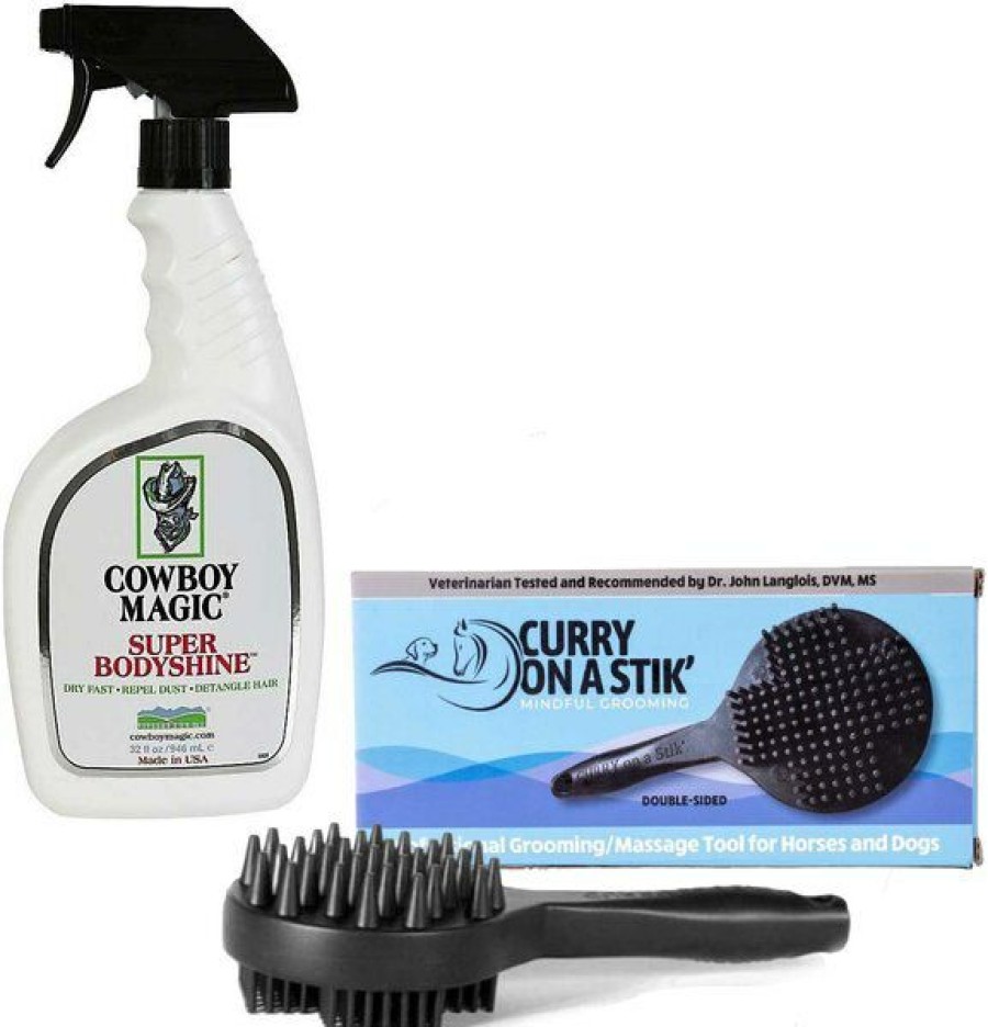 Best * Best Quality Bundle: Curry On A Stik Horse & Dog Grooming Brush + Cowboy Magic Super Bodyshine Pet Spray, 16-Oz Bottle