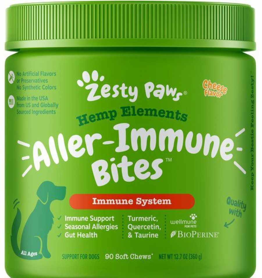 Best * Discount Store Zesty Paws Hemp Elements Aller-Immune Bites Cheese Flavored Soft Chews Allergy & Immune Supplement For Dogs, 90 Count