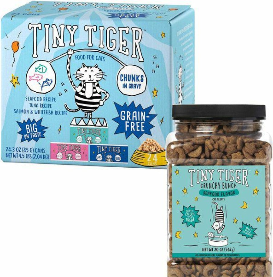 Clearance * Large Choice Bundle: Tiny Tiger Chunks In Gravy Seafood Recipes Variety Pack Grain-Free Canned Cat Food, 3-Oz, Case Of 24 + Tiny Tiger Crunchy Bunch, Fins Of Fury, Seafood Flavor Cat Treats, 20-Oz Tub