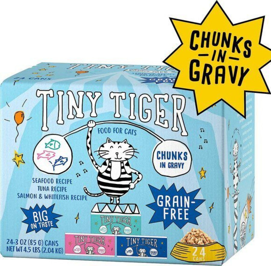 Clearance * Large Choice Bundle: Tiny Tiger Chunks In Gravy Seafood Recipes Variety Pack Grain-Free Canned Cat Food, 3-Oz, Case Of 24 + Tiny Tiger Crunchy Bunch, Fins Of Fury, Seafood Flavor Cat Treats, 20-Oz Tub