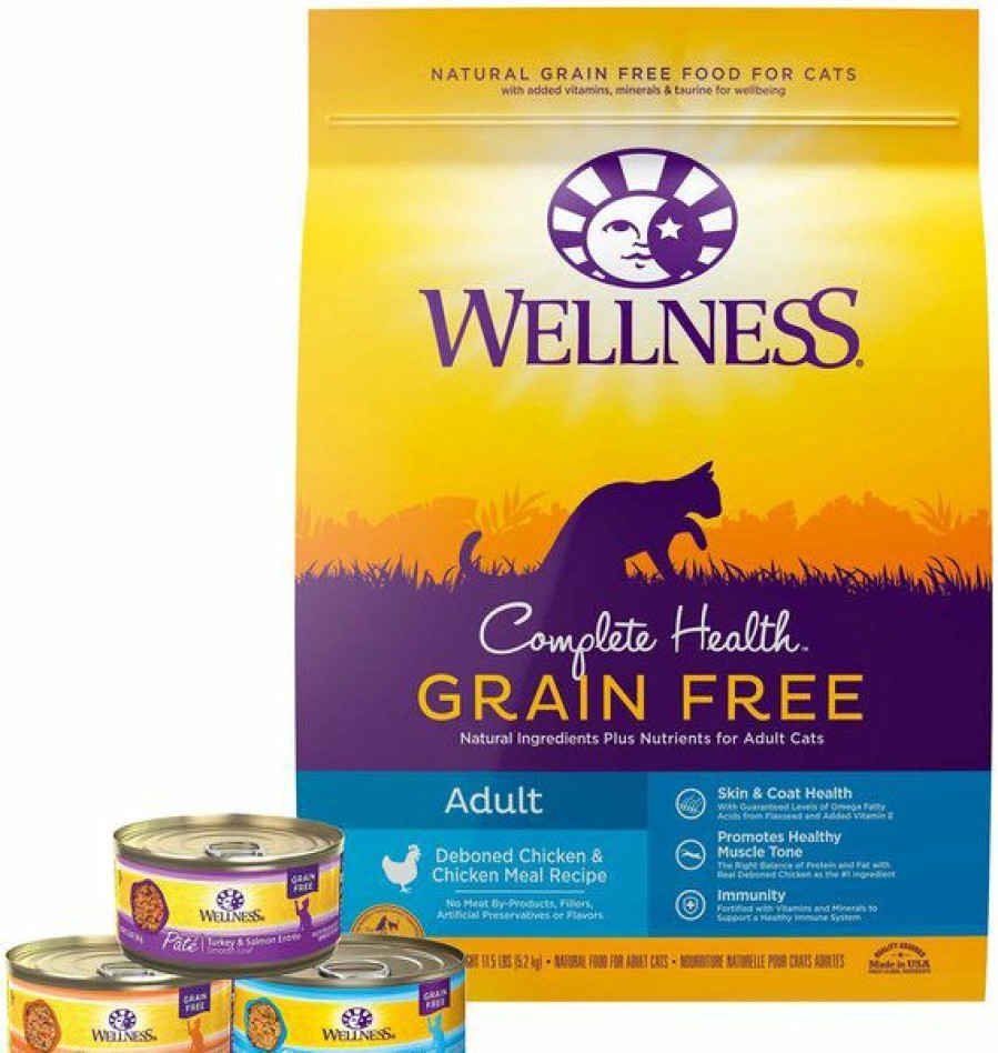 Clearance * Reliable Quality Bundle: Wellness Complete Health Poultry Lovers Pate Variety Pack Grain-Free Canned Cat Food, 5.5-Oz, Case Of 30 + Wellness Complete Health Natural Grain-Free Deboned Chicken & Chicken Meal Dry Cat Food, 11.5-Lb Bag