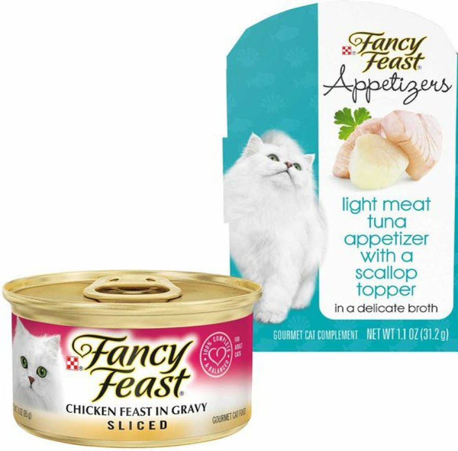 Clearance * Excellent Bundle: Fancy Feast Sliced Chicken Feast In Gravy Canned Cat Food, 3-Oz, Case Of 24 + Fancy Feast Appetizers Light Meat Tuna With A Scallop Topper Cat Treats, 1.1-Oz Tray, Case Of 10