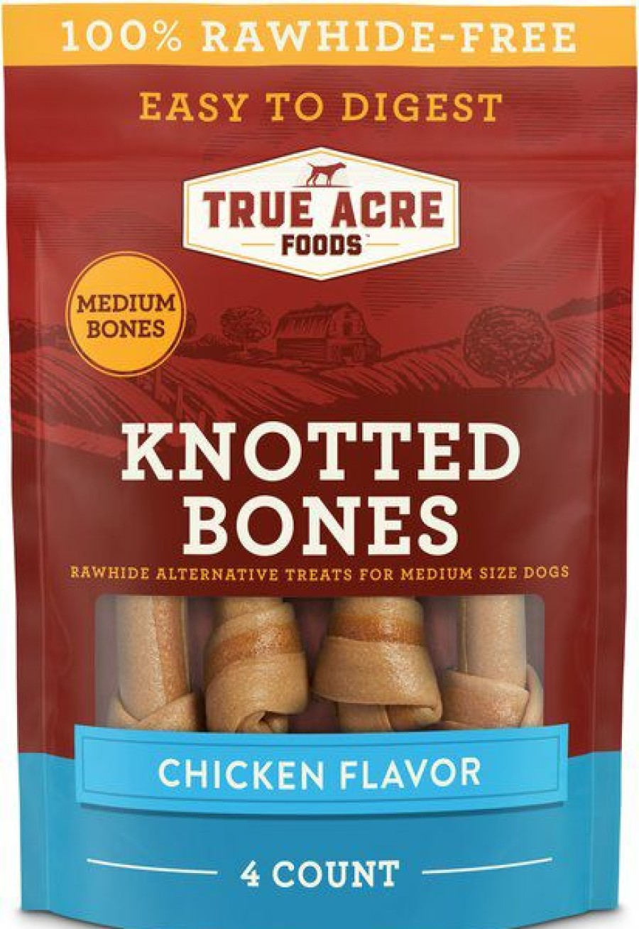 New * Limited Edition True Acre Foods Rawhide-Free Knotted Bones Chicken Flavor Treats, Medium, 4 Count